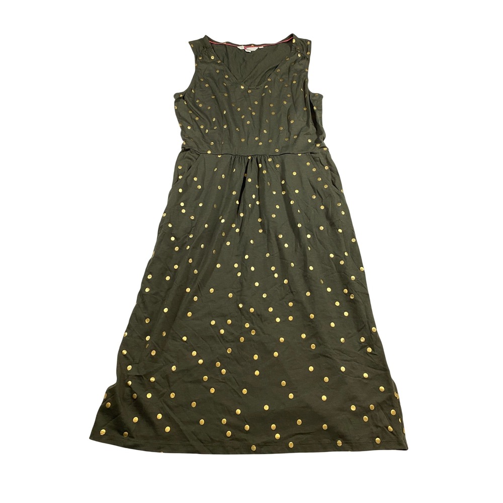 Boden Women Olive Green Gold Metallic Polka Dot V-Neck Jersey Midi Dress Pockets